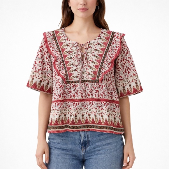 Bailey 44 Anthropologie Top L Quilted Patchwork Block Print Floral Puff Sleeve - Picture 2 of 16